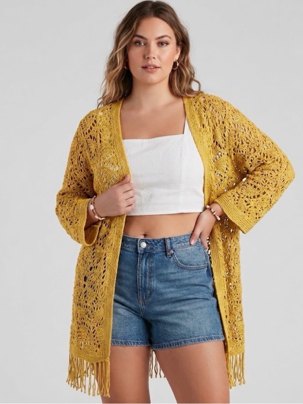 Curations‎ Crochet Cardigan Women XL Yellow Good Open Knit Fringe Boho 602645